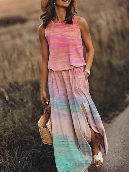 Geometric Tribal Print Crew Neck Sleeveless Pocket Side Slit Maxi Dress