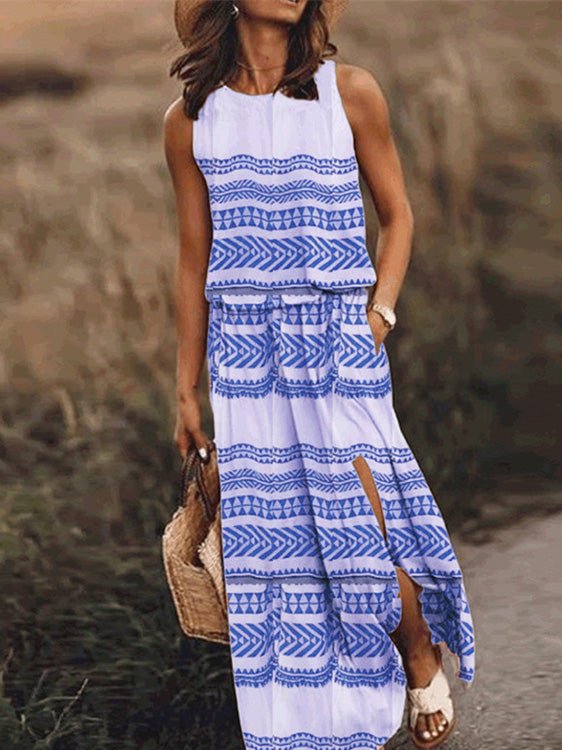 Geometric Tribal Print Crew Neck Sleeveless Pocket Side Slit Maxi Dress