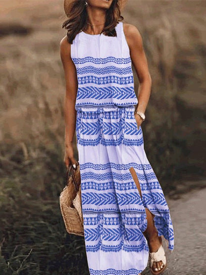 Geometric Tribal Print Crew Neck Sleeveless Pocket Side Slit Maxi Dress