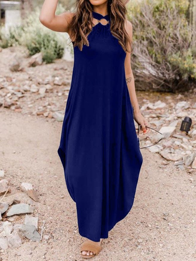 Halter O-Ring Neck Pocket Side Slit Jersey Maxi Dress