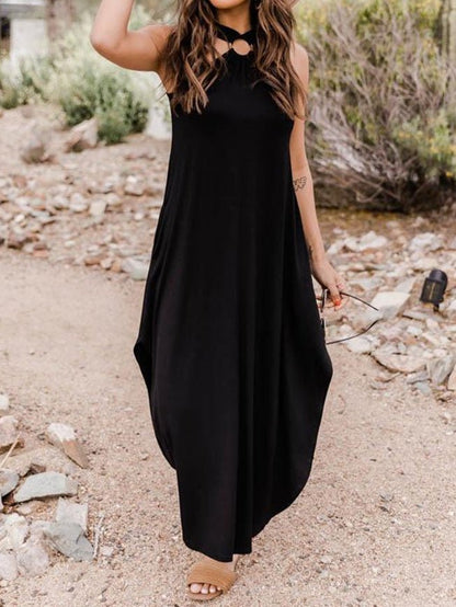 Halter O-Ring Neck Pocket Side Slit Jersey Maxi Dress
