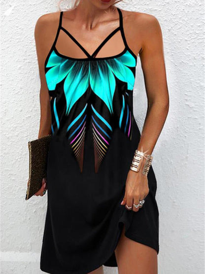 Halter Crisscross Strap Tropical Floral Panel Colorblock Mini Dress