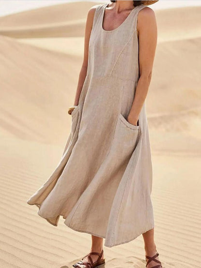 Scoop Neck Pocket Sleeveless Linen Blend Maxi Dress