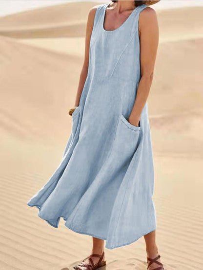 Scoop Neck Pocket Sleeveless Linen Blend Maxi Dress