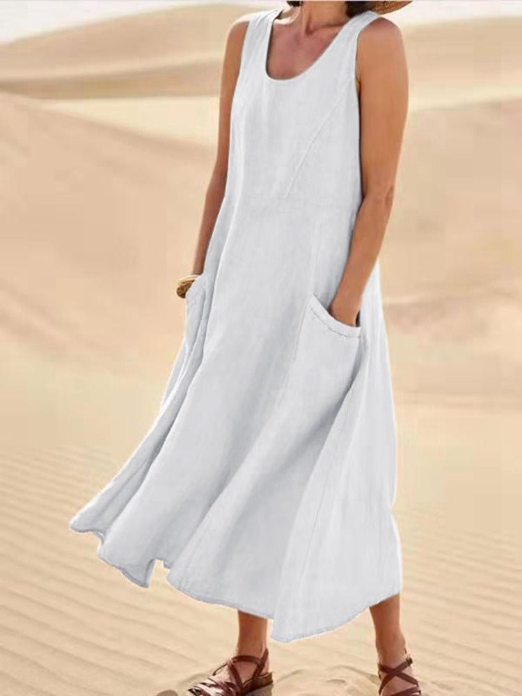 Scoop Neck Pocket Sleeveless Linen Blend Maxi Dress