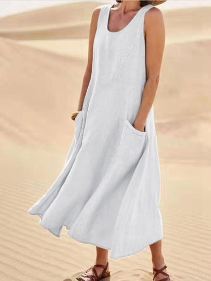 Scoop Neck Pocket Sleeveless Linen Blend Maxi Dress