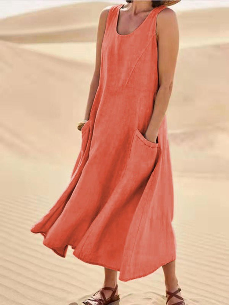 Scoop Neck Pocket Sleeveless Linen Blend Maxi Dress