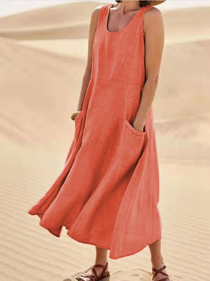 Scoop Neck Pocket Sleeveless Linen Blend Maxi Dress
