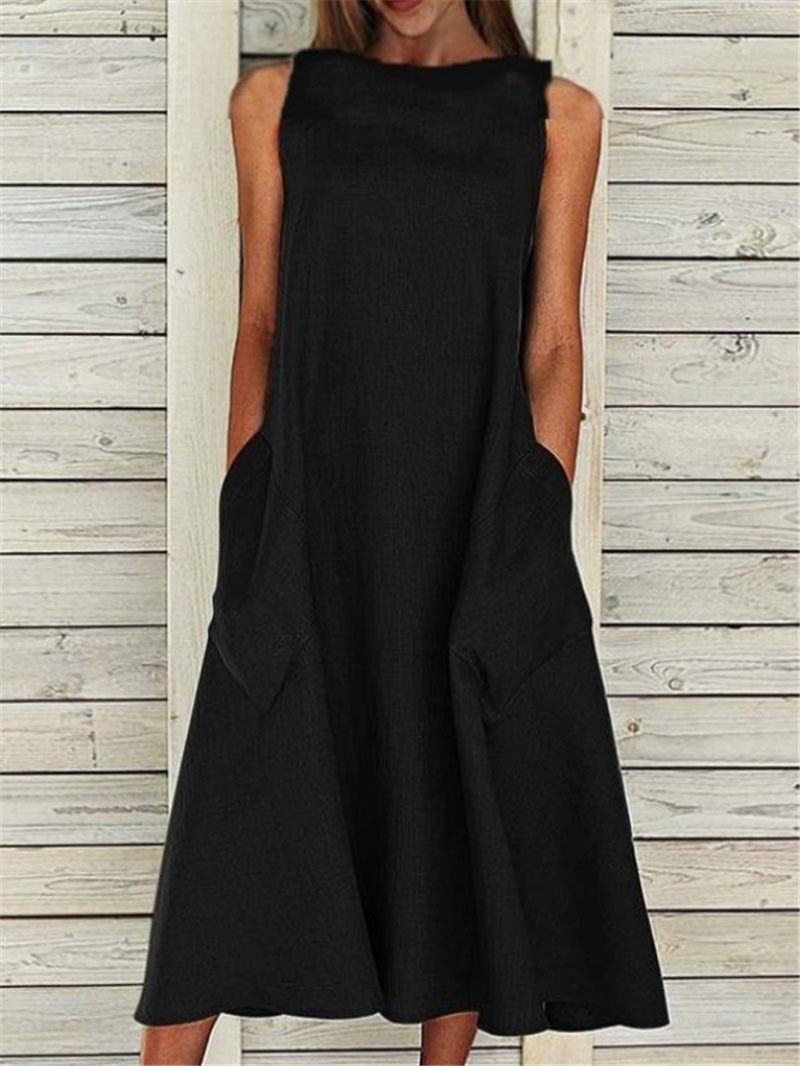 Crew Neck Sleeveless Oversized Side Pocket Shift Midi Dress