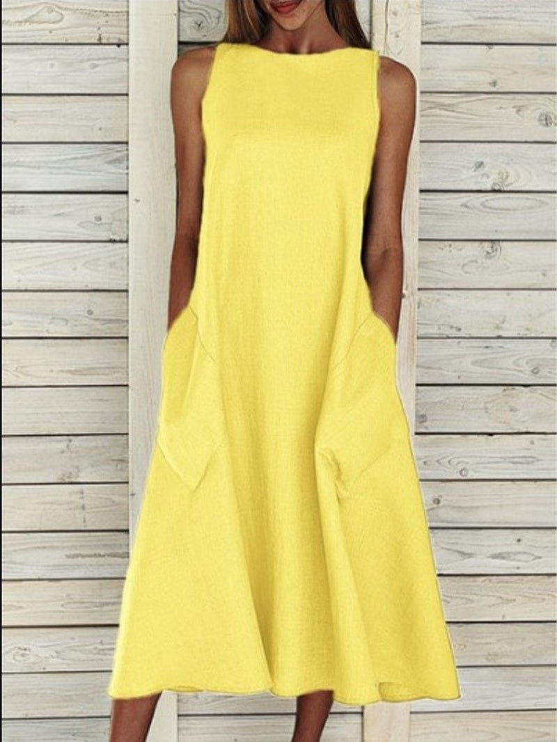 Crew Neck Sleeveless Oversized Side Pocket Shift Midi Dress