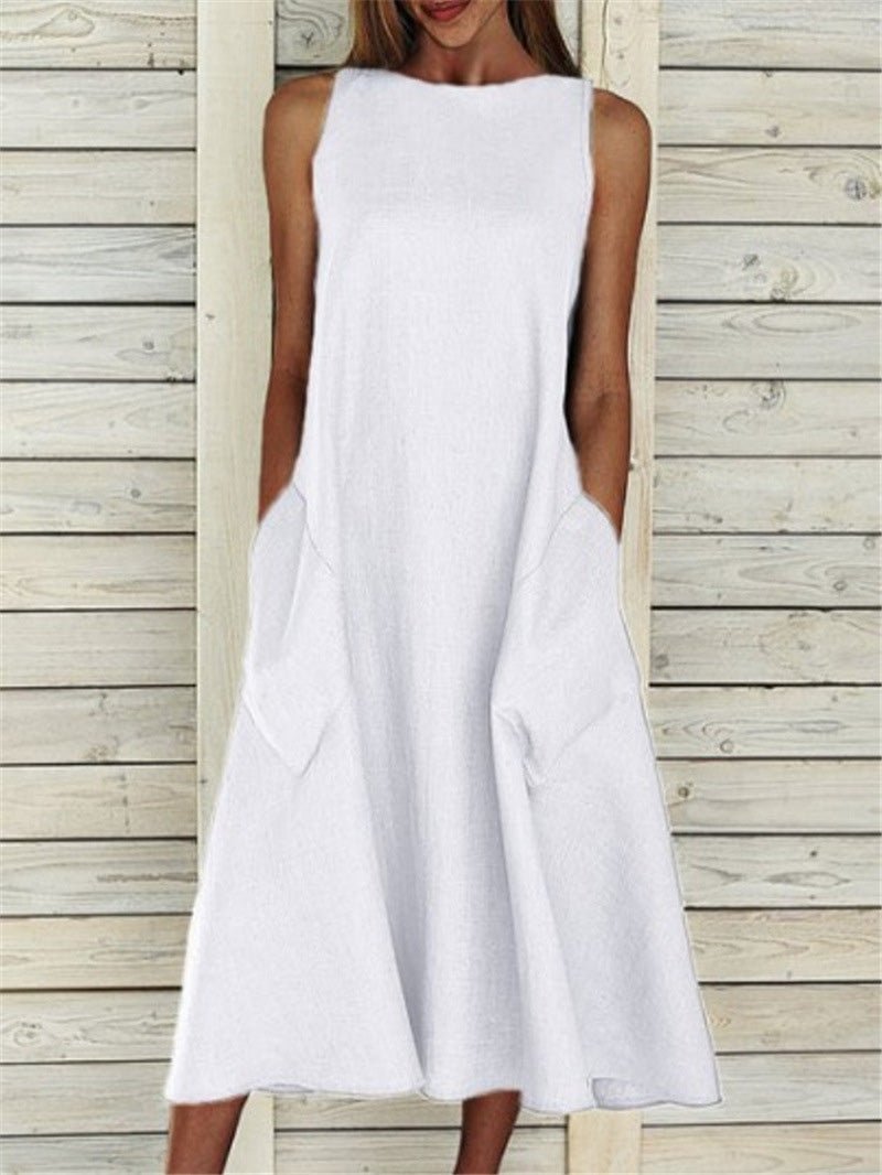 Crew Neck Sleeveless Oversized Side Pocket Shift Midi Dress