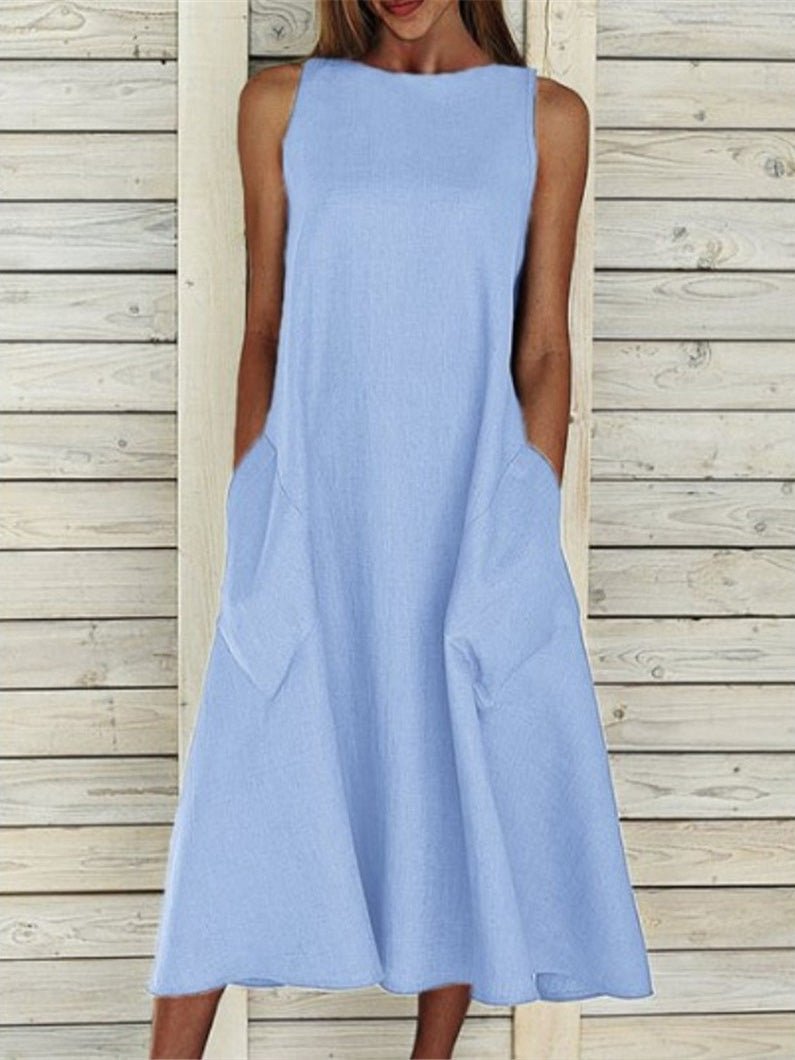 Crew Neck Sleeveless Oversized Side Pocket Shift Midi Dress