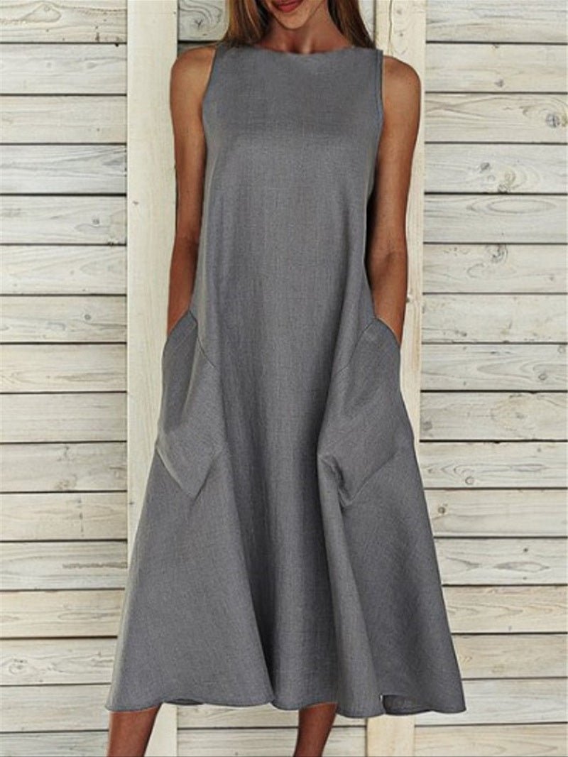 Crew Neck Sleeveless Oversized Side Pocket Shift Midi Dress
