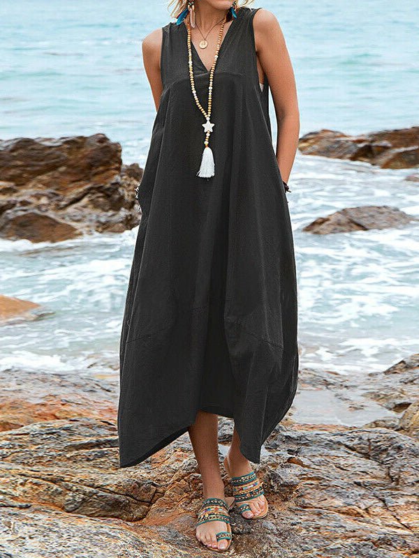 Deep V-Neck Sleeveless Asymmetric Hem Pocket Maxi Dress