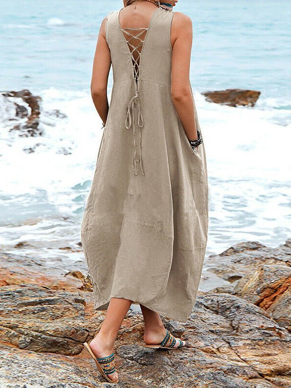 Deep V-Neck Sleeveless Asymmetric Hem Pocket Maxi Dress