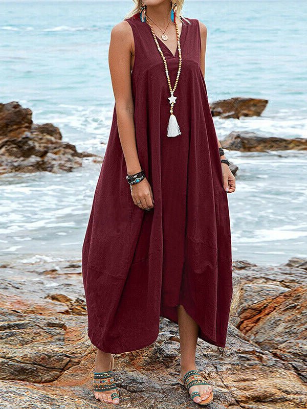 Deep V-Neck Sleeveless Asymmetric Hem Pocket Maxi Dress