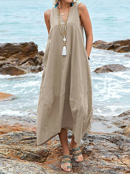 Deep V-Neck Sleeveless Asymmetric Hem Pocket Maxi Dress