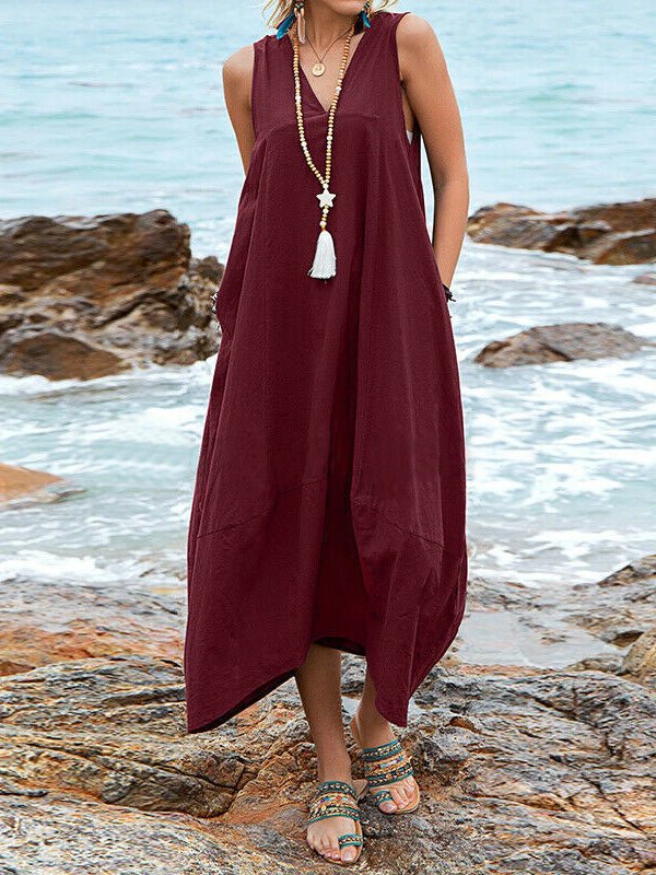 Deep V-Neck Sleeveless Asymmetric Hem Pocket Maxi Dress