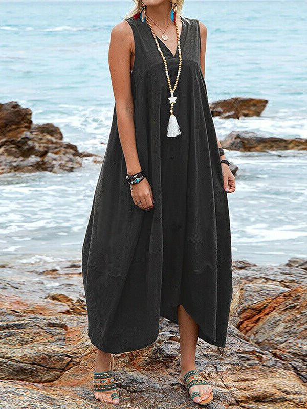 Deep V-Neck Sleeveless Asymmetric Hem Pocket Maxi Dress