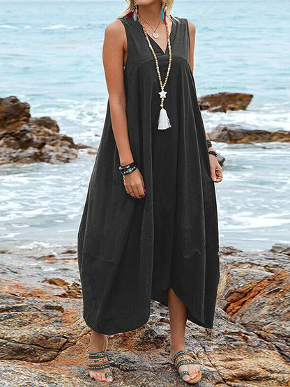 Deep V-Neck Sleeveless Asymmetric Hem Pocket Maxi Dress