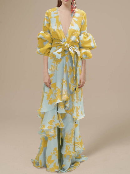 Tropical Print Deep V-Neck Lantern Sleeve Tie Waist Tiered Ruffle Maxi Dress