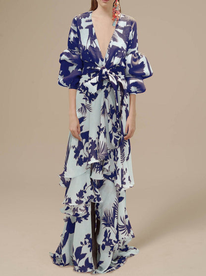 Tropical Print Deep V-Neck Lantern Sleeve Tie Waist Tiered Ruffle Maxi Dress
