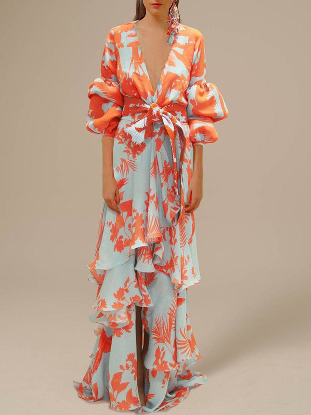 Tropical Print Deep V-Neck Lantern Sleeve Tie Waist Tiered Ruffle Maxi Dress