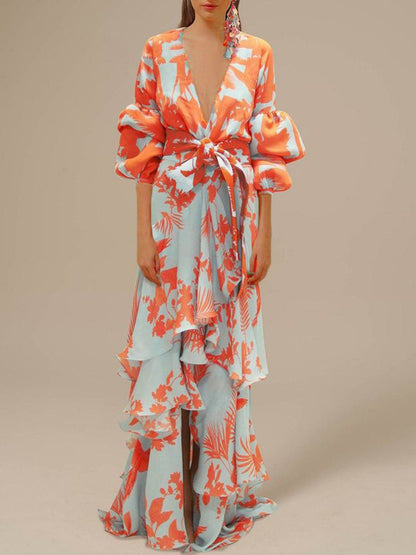 Tropical Print Deep V-Neck Lantern Sleeve Tie Waist Tiered Ruffle Maxi Dress