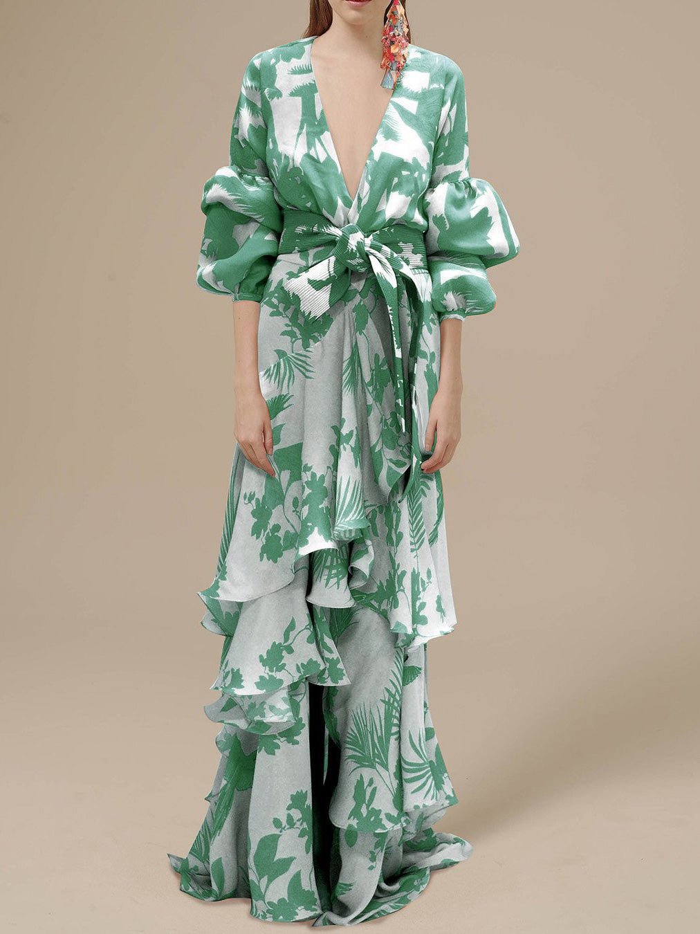 Tropical Print Deep V-Neck Lantern Sleeve Tie Waist Tiered Ruffle Maxi Dress