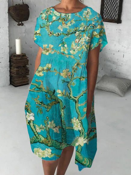 Almond Blossom Print Crew Neck Short Sleeve Shift Midi Dress