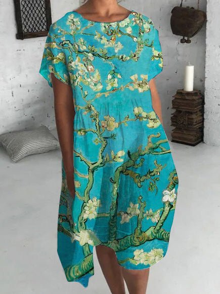 Almond Blossom Print Crew Neck Short Sleeve Shift Midi Dress