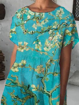 Almond Blossom Print Crew Neck Short Sleeve Shift Midi Dress