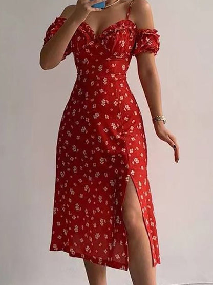 Ditsy Floral Ruffle Trim Sweetheart Off-Shoulder Puff Sleeve High Slit Midi Dress