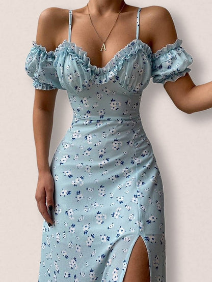 Ditsy Floral Ruffle Trim Sweetheart Off-Shoulder Puff Sleeve High Slit Midi Dress