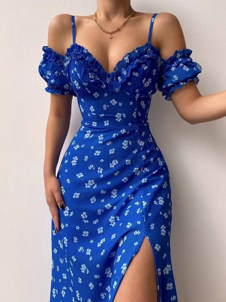 Ditsy Floral Ruffle Trim Sweetheart Off-Shoulder Puff Sleeve High Slit Midi Dress
