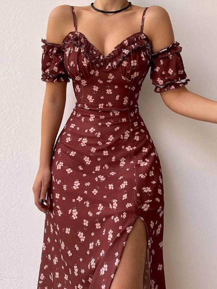Ditsy Floral Ruffle Trim Sweetheart Off-Shoulder Puff Sleeve High Slit Midi Dress