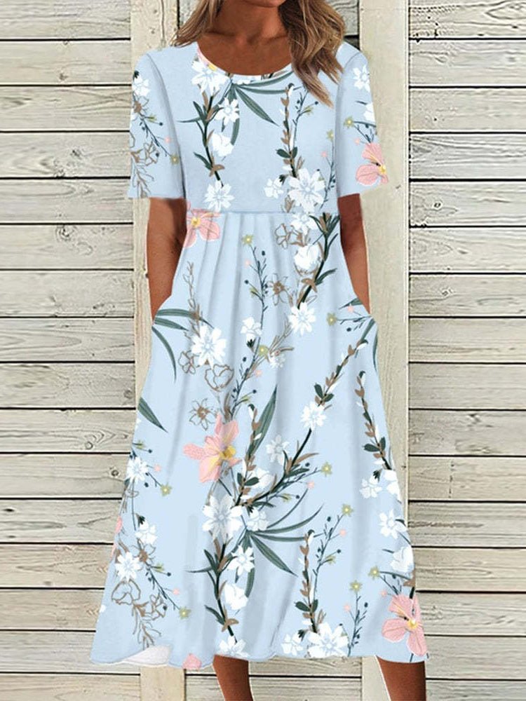Round Neck Short Sleeve Floral Print Pocket Midi Dress