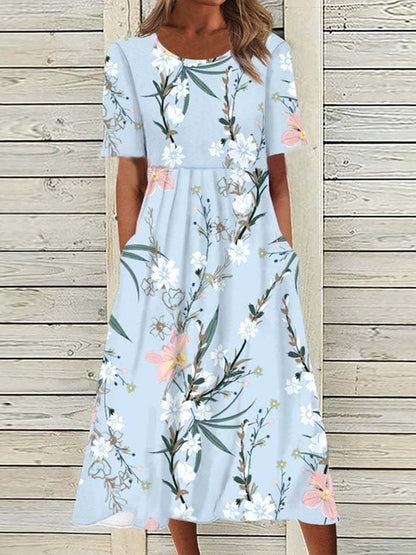 Round Neck Short Sleeve Floral Print Pocket Midi Dress