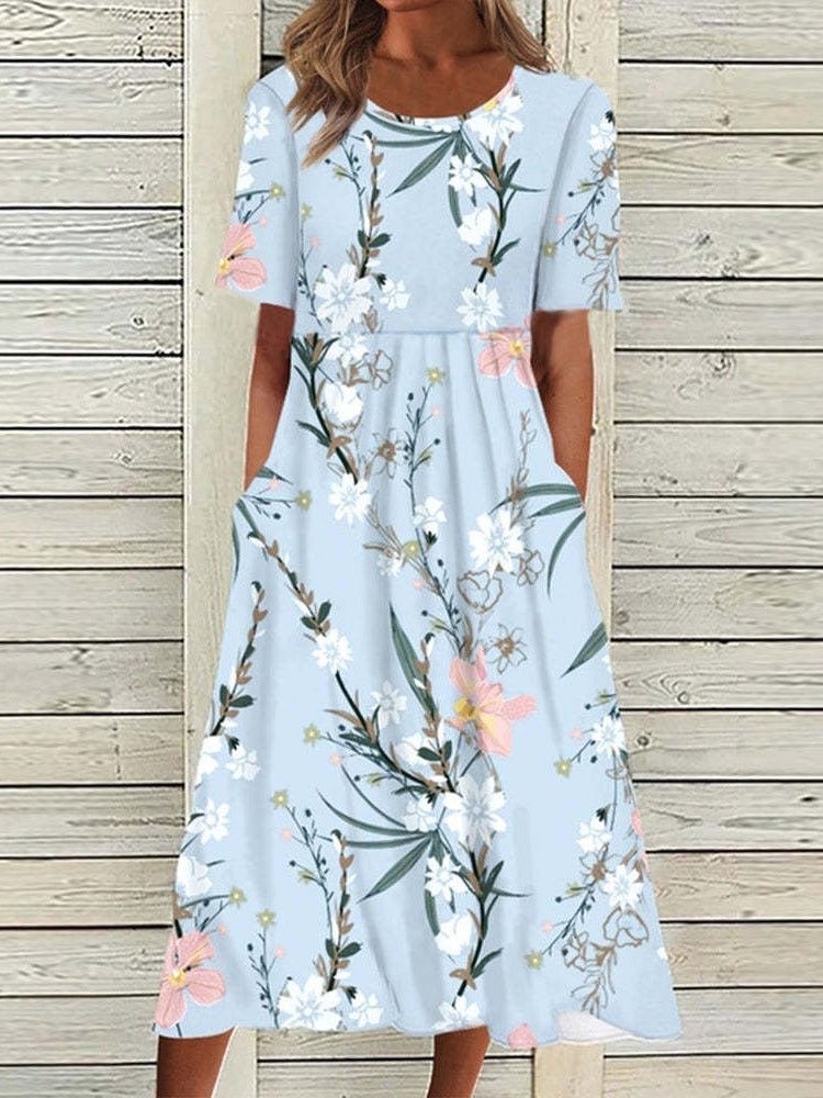 Round Neck Short Sleeve Floral Print Pocket Midi Dress