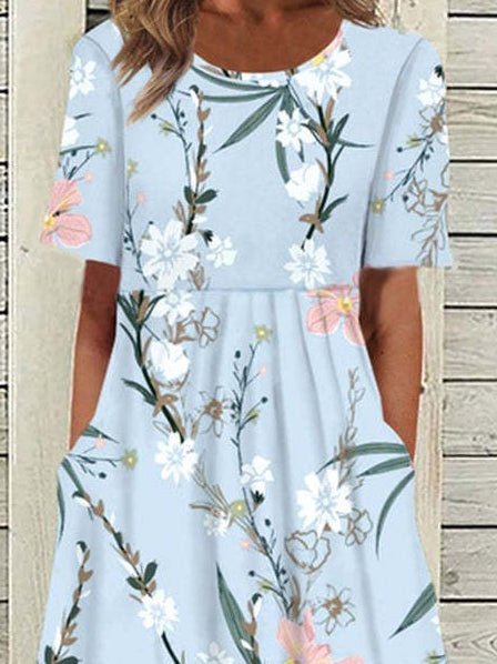 Round Neck Short Sleeve Floral Print Pocket Midi Dress