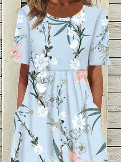 Round Neck Short Sleeve Floral Print Pocket Midi Dress