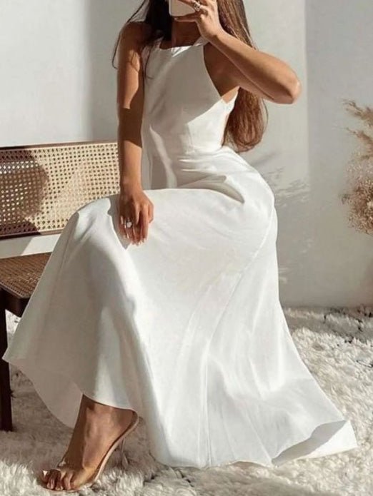 Halter Neck Sleeveless Fit and Flare A-Line Maxi Dress