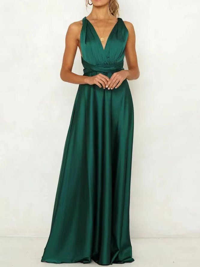 Satin Backless Criss Cross Strap Bow Tie Back Flared Maxi Gown