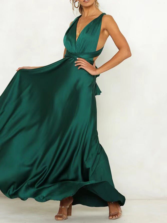 Satin Backless Criss Cross Strap Bow Tie Back Flared Maxi Gown