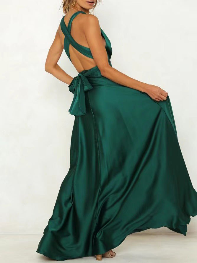 Satin Backless Criss Cross Strap Bow Tie Back Flared Maxi Gown