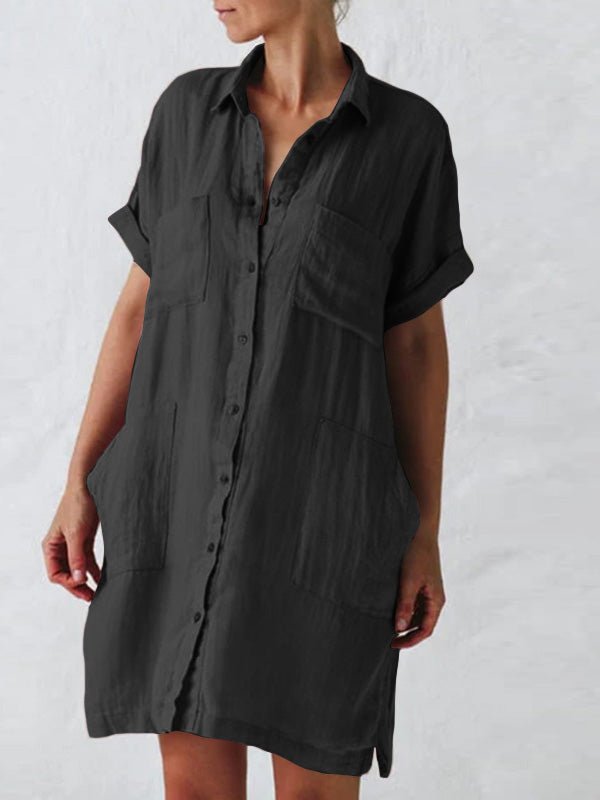 Collared Button Front Rolled Sleeve Multi-Pocket Midi Shirt Dress