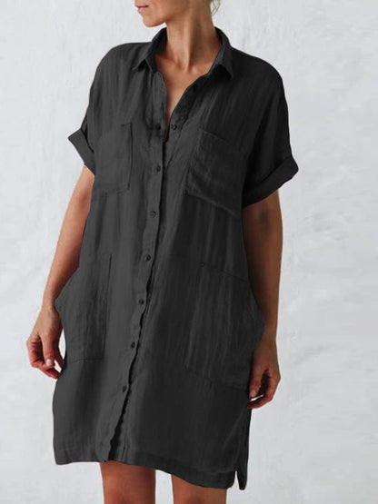 Collared Button Front Rolled Sleeve Multi-Pocket Midi Shirt Dress