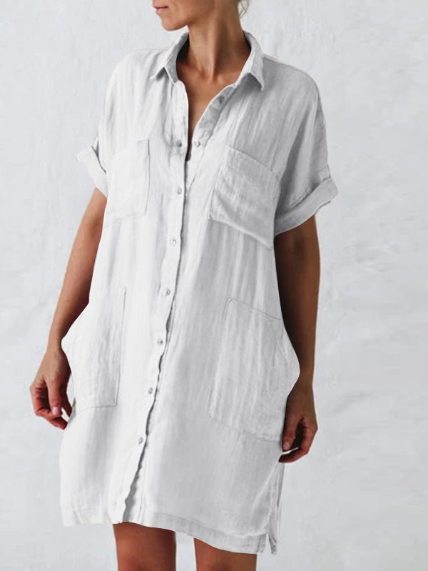 Collared Button Front Rolled Sleeve Multi-Pocket Midi Shirt Dress