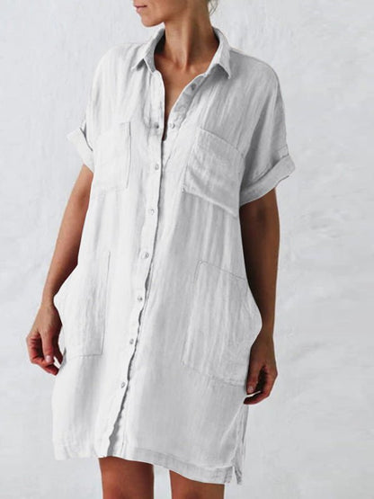 Collared Button Front Rolled Sleeve Multi-Pocket Midi Shirt Dress