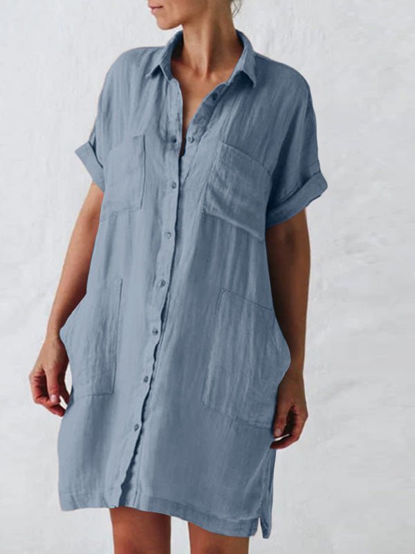 Collared Button Front Rolled Sleeve Multi-Pocket Midi Shirt Dress